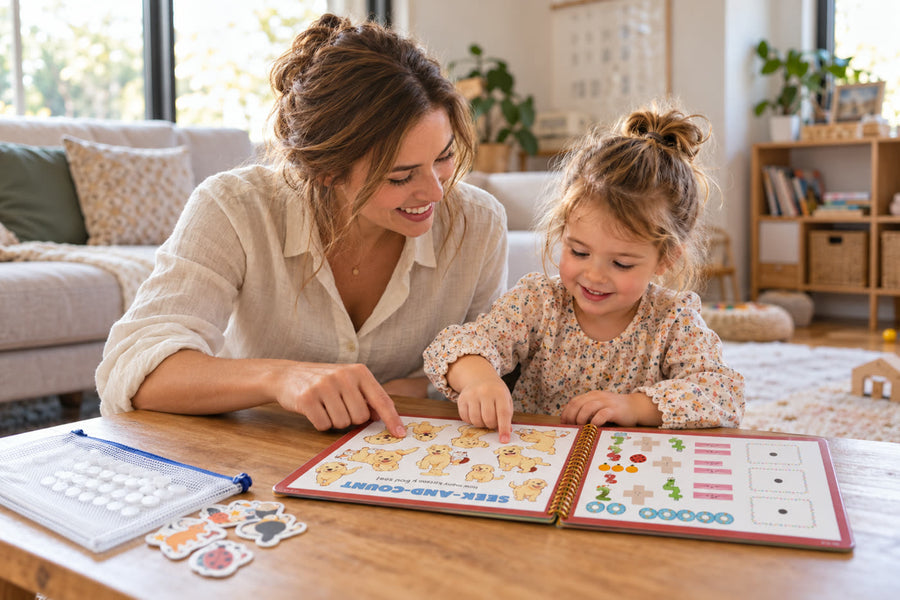 A mum and her daughter playing with the Tiny Walkers' Busy Book at the coffee table