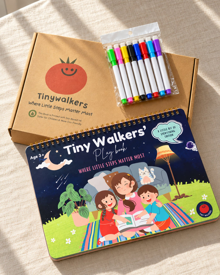 Tiny Walkers box with the play book and eight markers