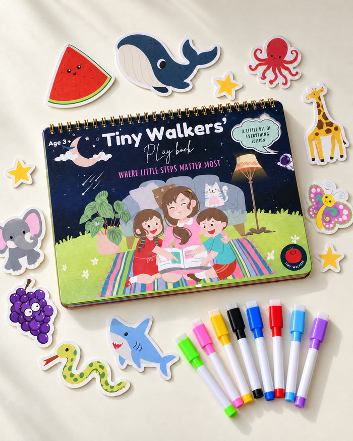 Play book with hook-and-loop pieces and markers