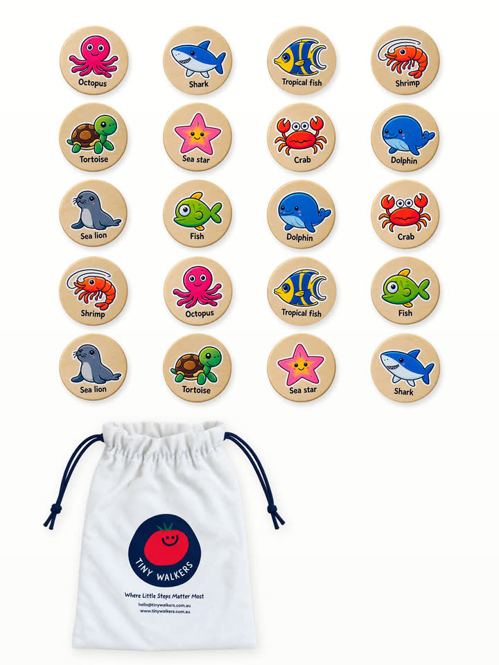 Memory game discs come out of the Tiny Walkers drawstring bag and turn over to show matching animal pairs