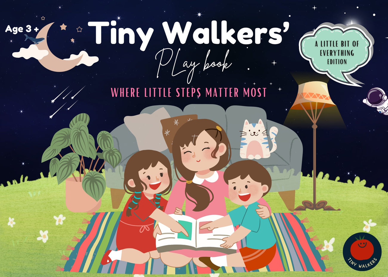 Tiny Walkers' Play Book cover: a mum reading with her two kids under a starry sky